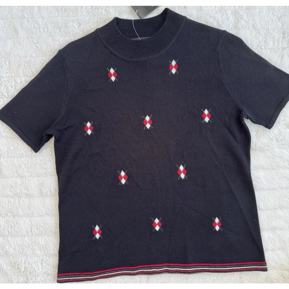 Requirements Black Red White Argyle Knit Mock Neck Short Sleeve Top Women's S